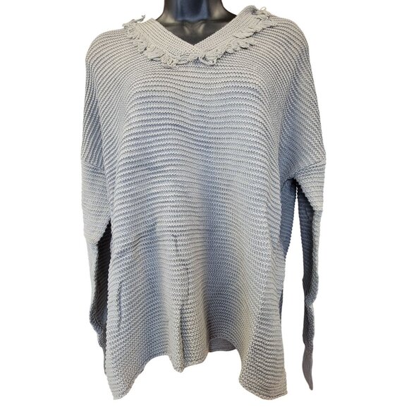 Hooded Sweater Sassy Grey Knit Distressed V-Neck Fringe Detail Womens Medium NEW - Picture 1 of 10